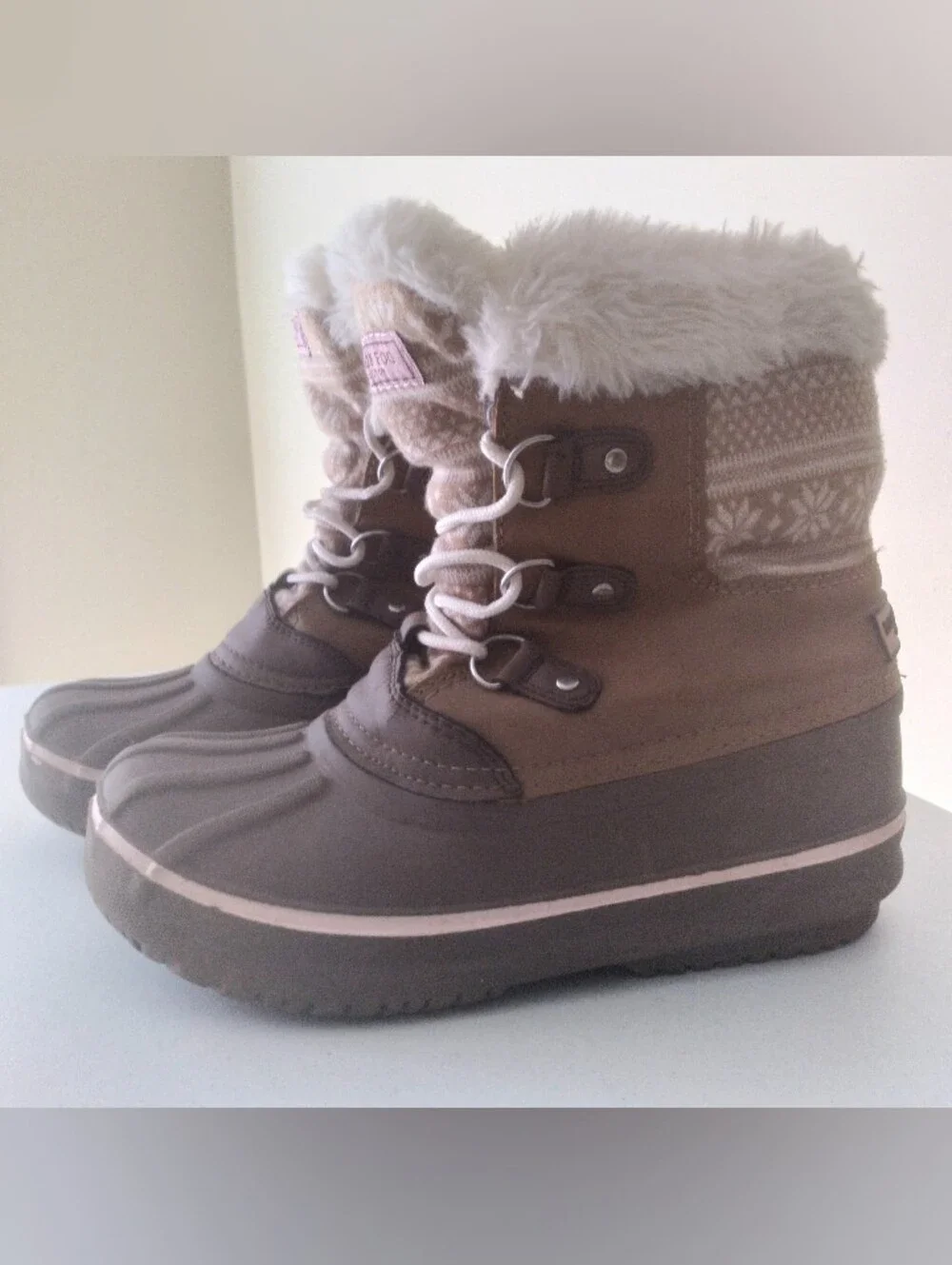 London Fog Brown and Pink Faux-Fur Winter Lace-Up Boots